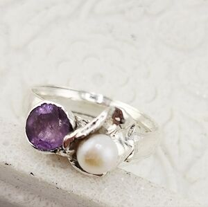 AMETHYST & PEARL RING HANDMADE IN STERLING SILVER WOMENS SIZE 7.75 NWT